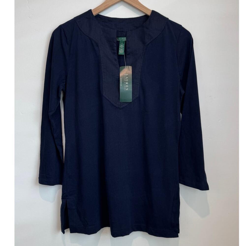 NWT Lauren Ralph Lauren Navy Long Sleeve Cotton Top Size Small